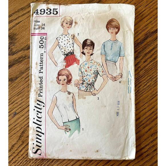 Vintage 1960s Simplicity 4935 Sewing Pattern Size Sm 14 Set of Tops COMPLETE - Picture 1 of 2